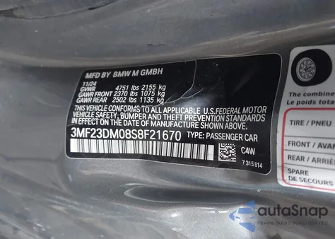 2025 BMW M2 z USA, uszkodzony, nr VIN 3MF23DM08S8F21670